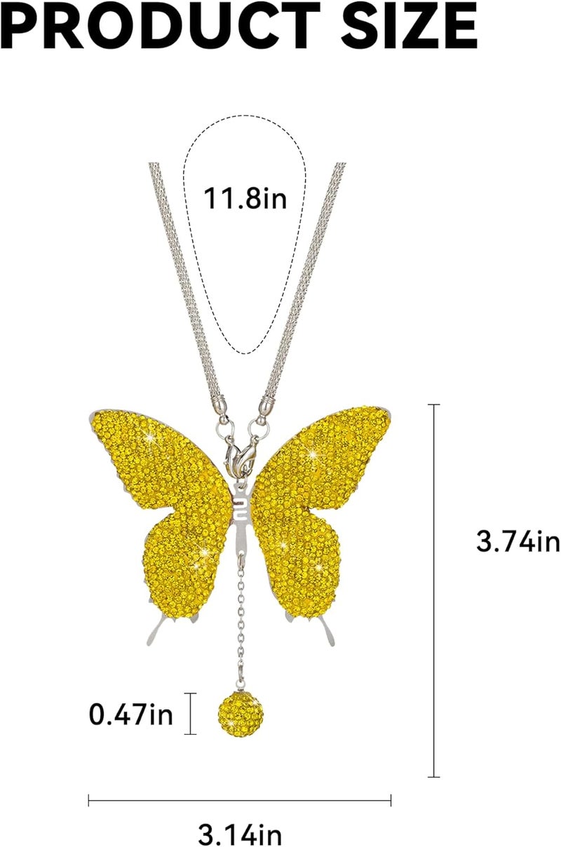 Couslcd Bling Butterfly Diamond Car Accessories, Crystal Car Rear View Mirror Charms for Women, Auto Decoration Lucky Hanging Interior Crystal Ornament Pendant Decor for All Cars (Yellow) - Image 2